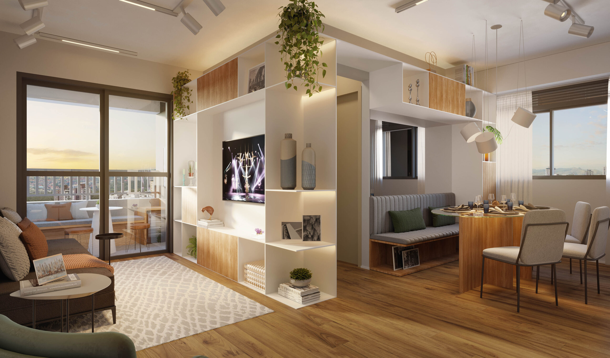 sacada, living e sala de jantar