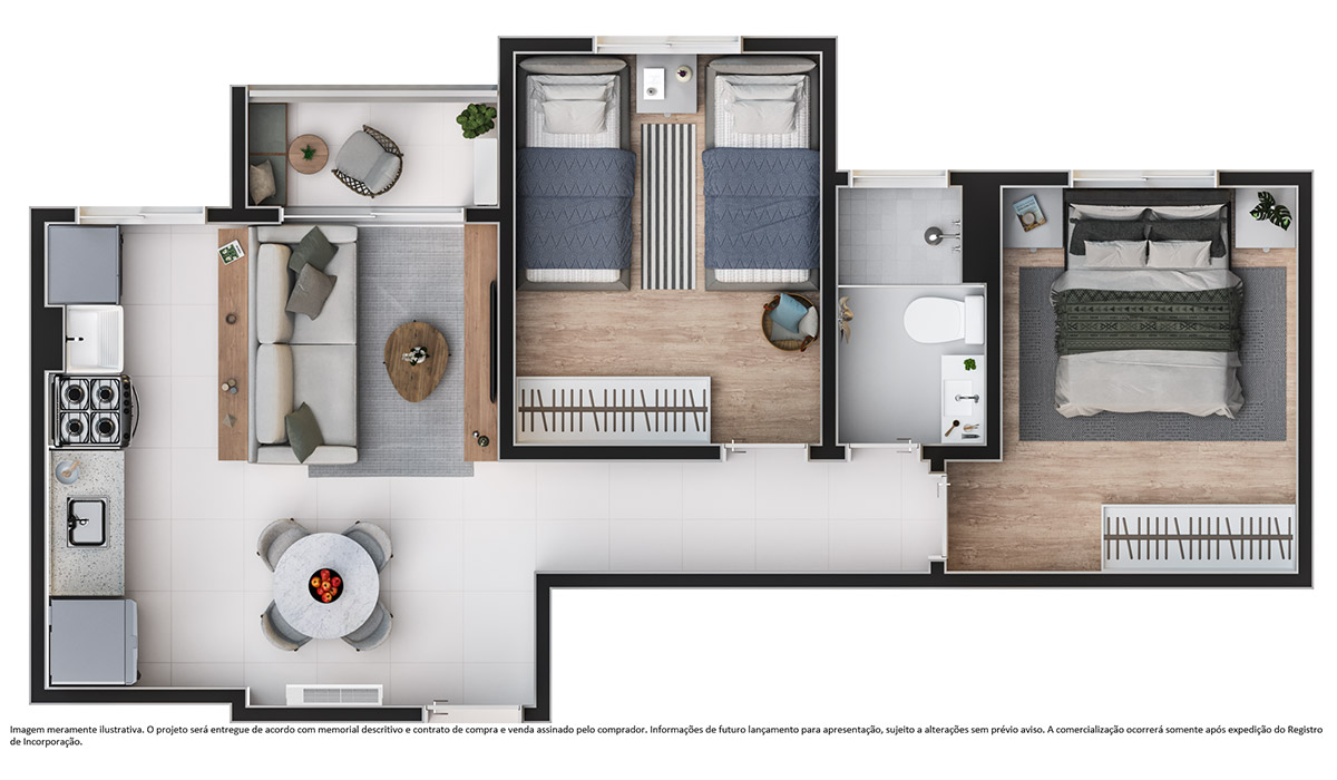 Planta 44,67 m2 - 2 dorm. 1 vaga