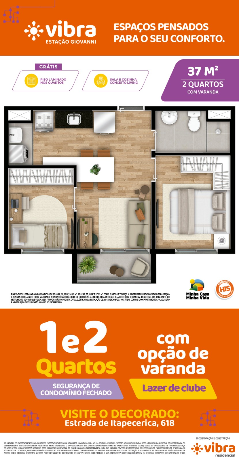 Planta de 37 m com varanda