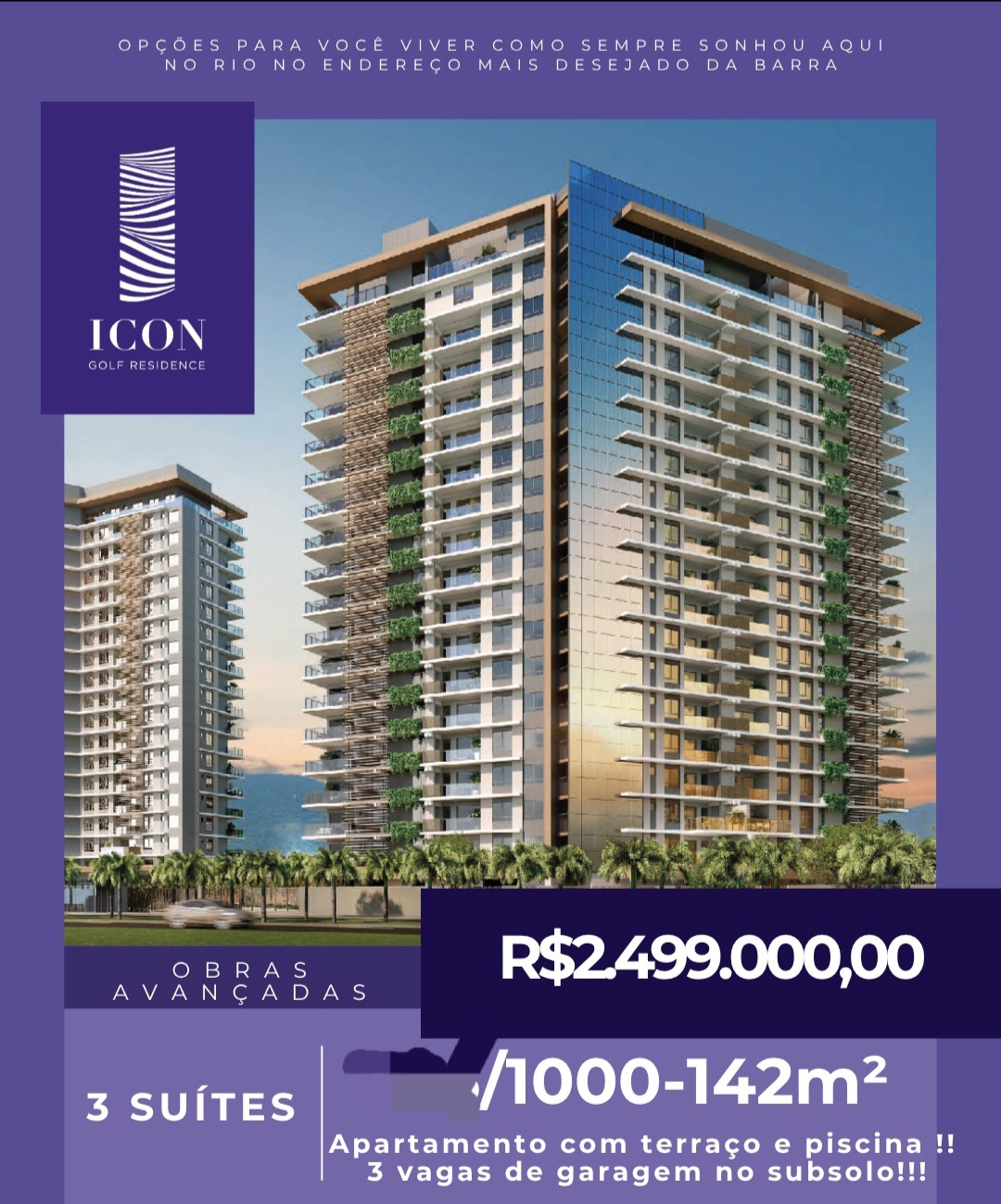 Icon Golf bl 1000 apt 106 3q 3s 3v com 142m2 por 2.499.000,00. rev