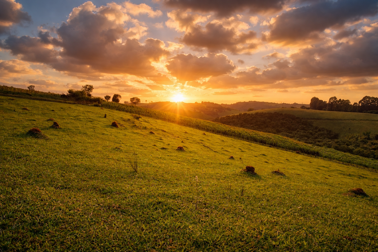Pôr do sol sobre as colinas verdes